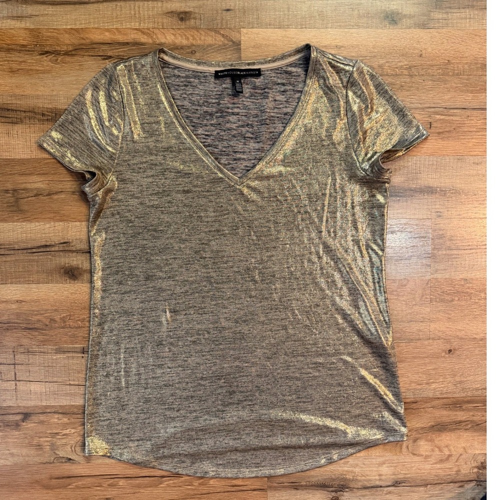White House Black Market Metallic Gold V-Neck Tee Short Sleeve Top M